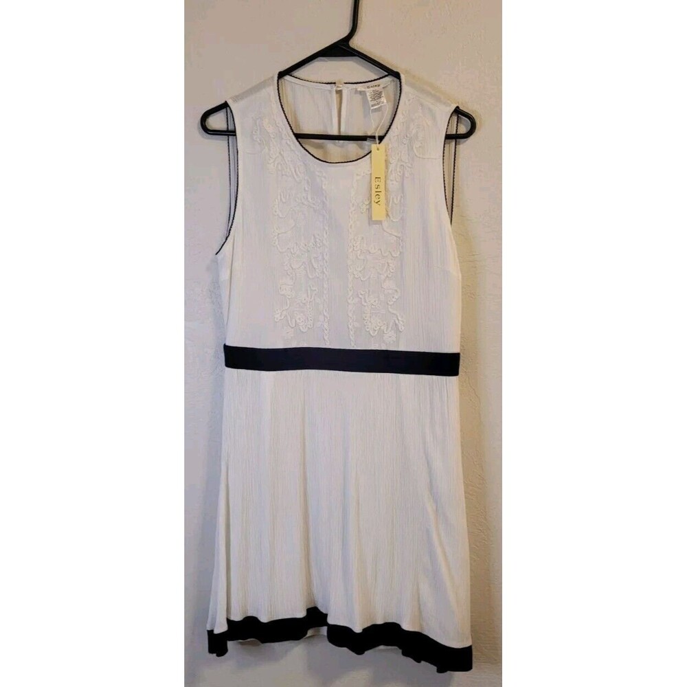 Esley Womens Sleeveless Fit And Flare Dress Knee Length White And Blue Trim Sz L